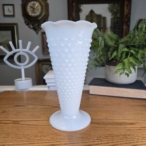 Vintage Fenton White Milk Glass Hobnail Vase - Scalloped Ruffled Rim - 9" MCM